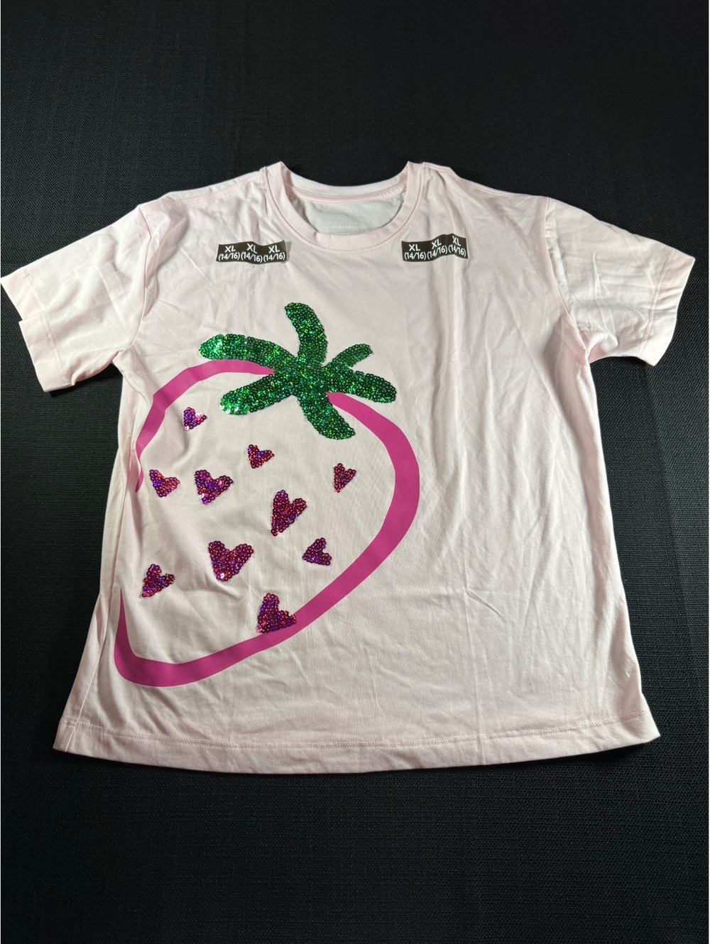Members Mark Girls Short Sleeve Graphic Tee XL (14/16) Pink Strawberry with Sequ